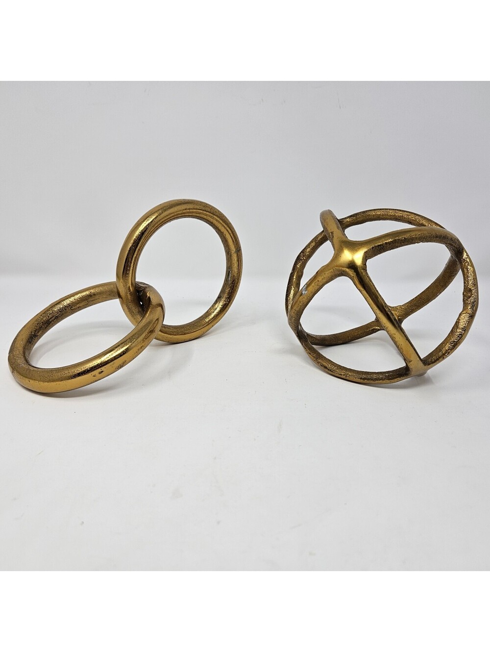 Set Of 2 Metal Round Sphere Gold Sculptures Tabletop Modern Minimalist Decor Art